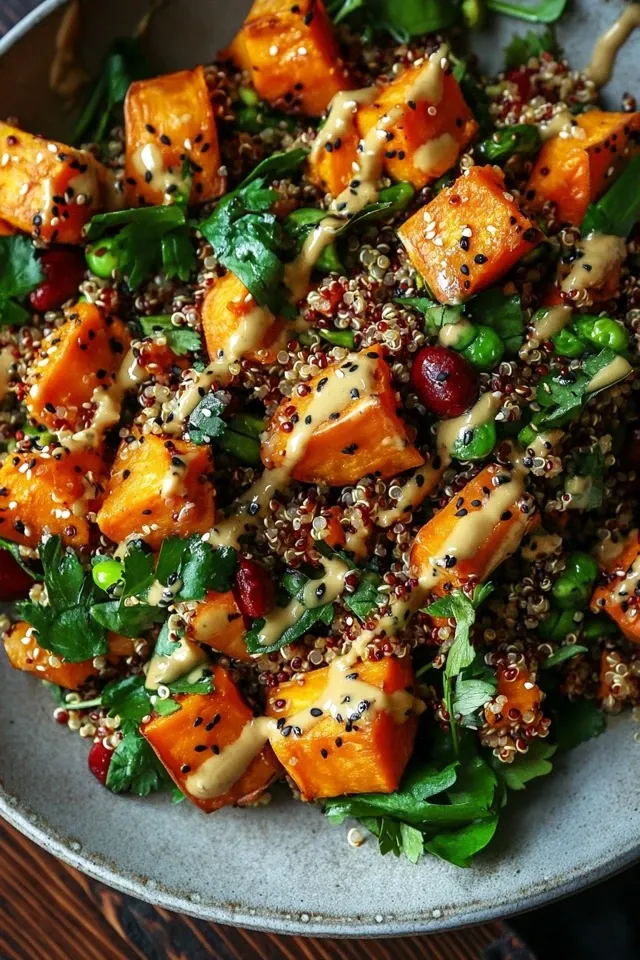 Gerösteter Süßkartoffel-Quinoa-Salat mit Sesam-Miso-Sauce