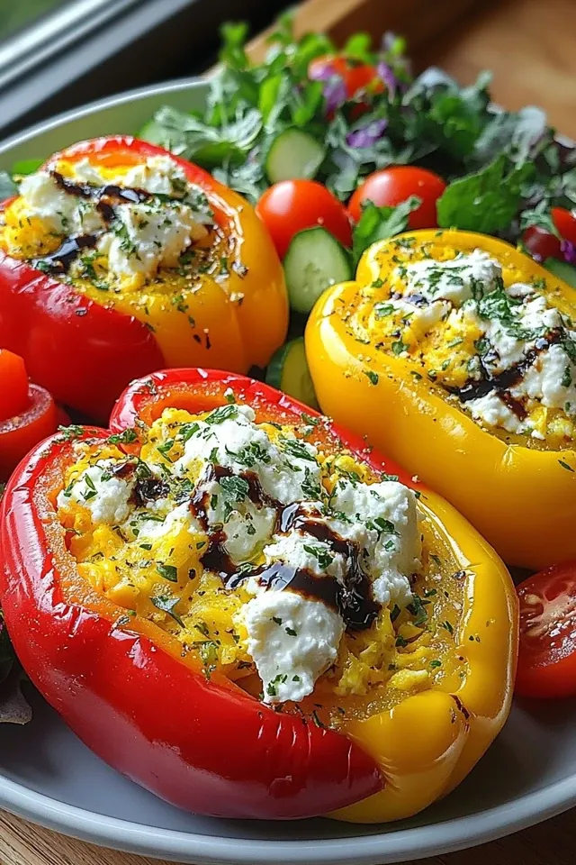 Gefüllte Paprika mit Feta und buntem Salat