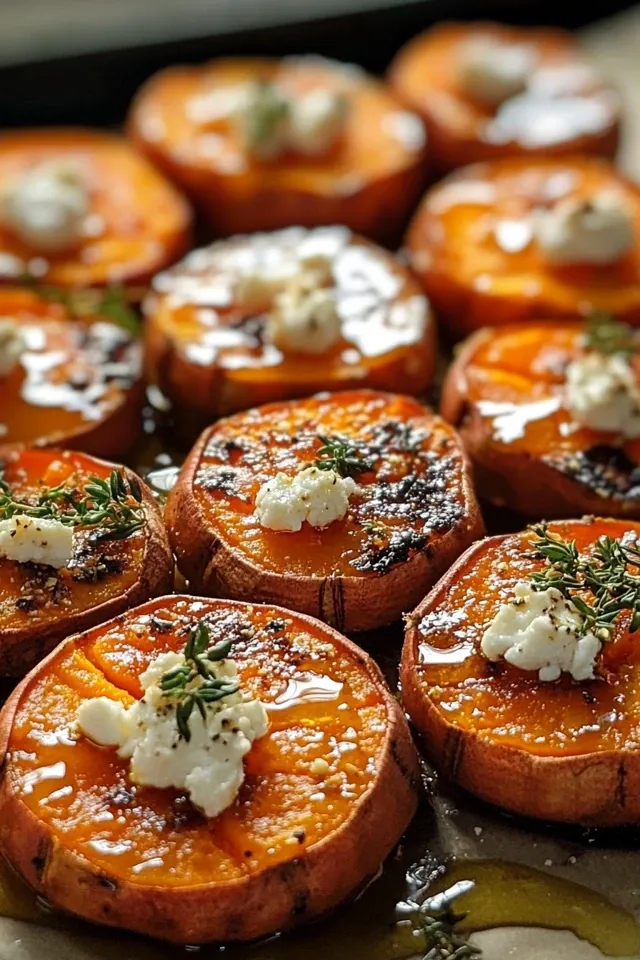Geröstete Süßkartoffelrunden mit Honig-Feta