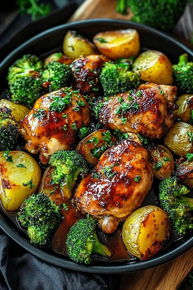 Honig-Knoblauch-Hähnchen aus dem Ofen mit Brokkoli