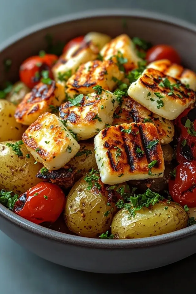 Griechische Kartoffel-Bowl mit gegrilltem Halloumi