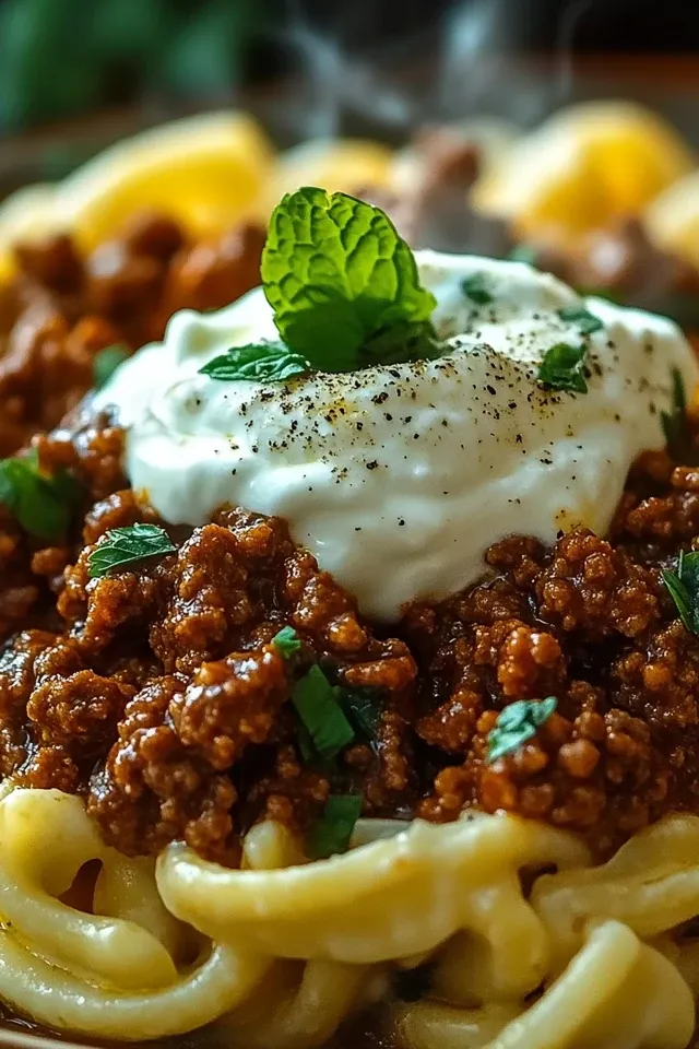 Türkische Pasta mit Hackfleisch und Joghurtsauce zubereiten