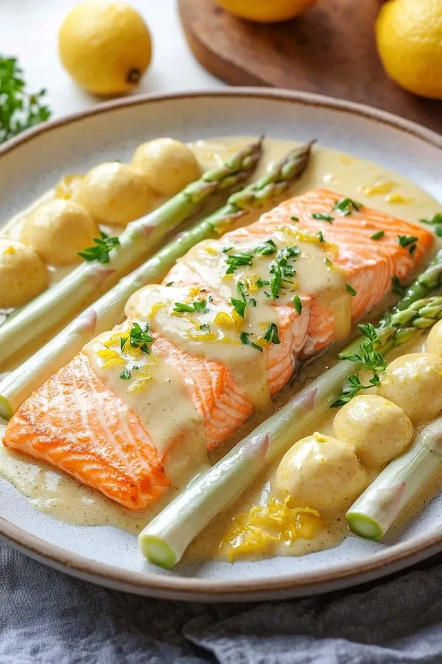 Weißer Spargel mit Lachs in Zitronensoße
