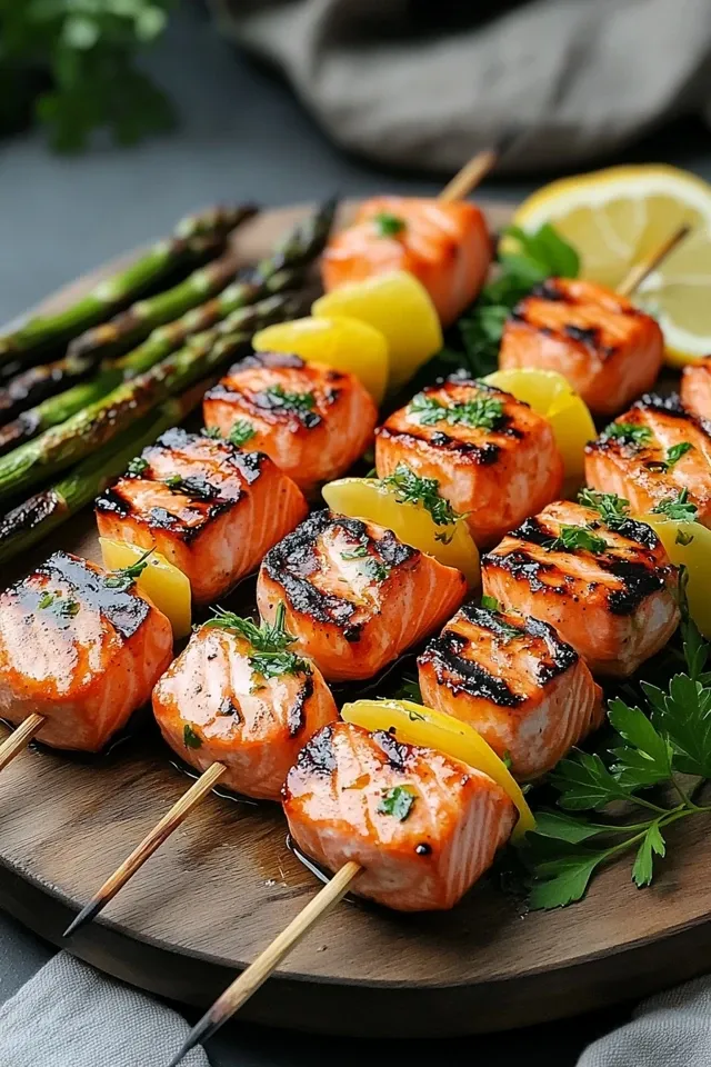 Aromatische Lachsspieße mit Zitrone vom Grill