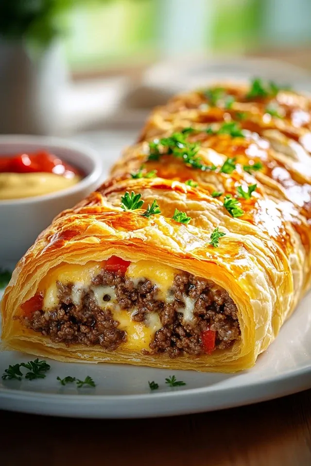 Knusprige Hackfleisch-Käse-Blätterteig Rolle