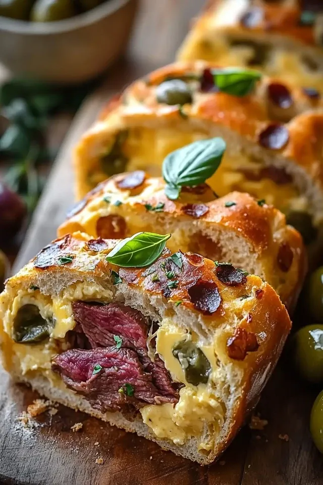 Mediterranes Olivenbrot mit Käse und Rindfleisch