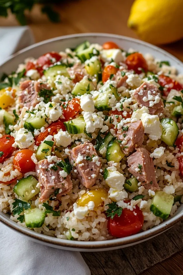 Schneller Reissalat mit Thunfisch & Feta in 20 Minuten