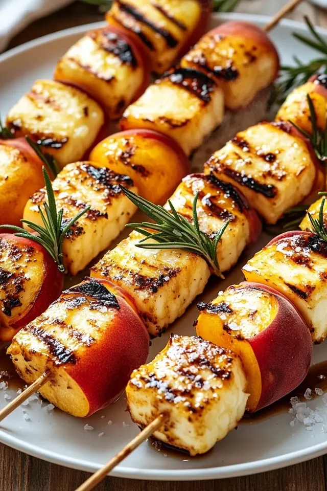 Sonnige Pfirsich-Halloumi-Rosmarin-Spieße vom Grill